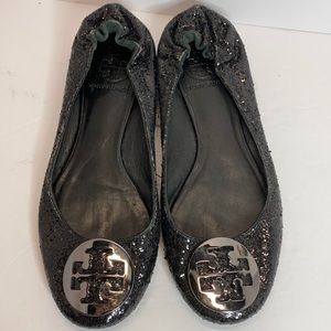 ✨EUC Tory Burch sparkly black signature flats✨